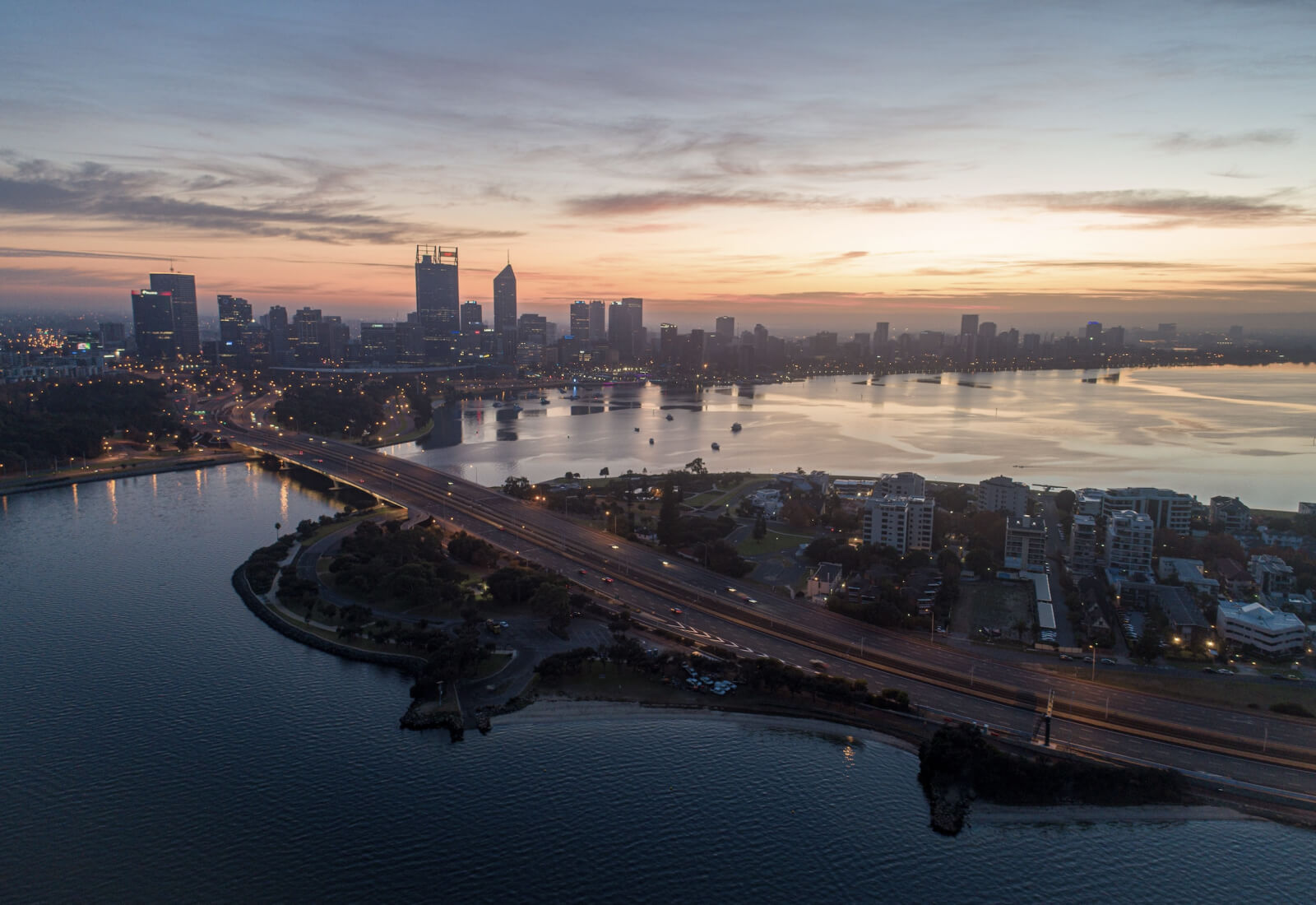 aerial image of Perth skyline and Swan River