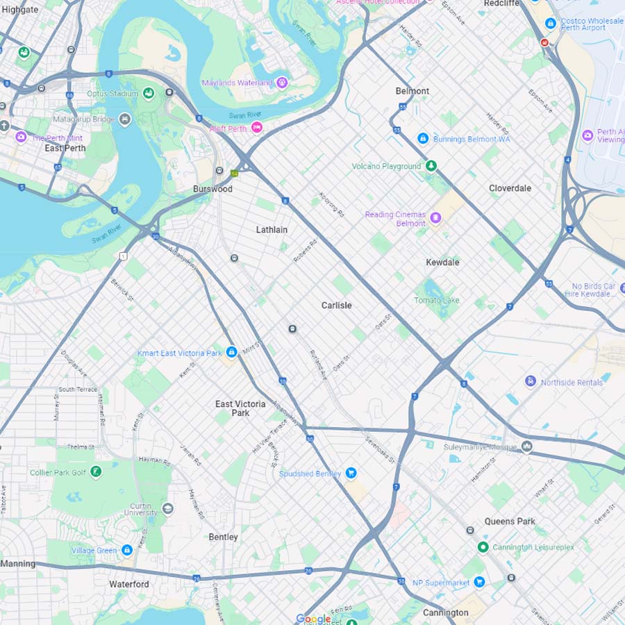 Map of Perth's south east locations including burswood, belmont, victoria park, south perth and cannington